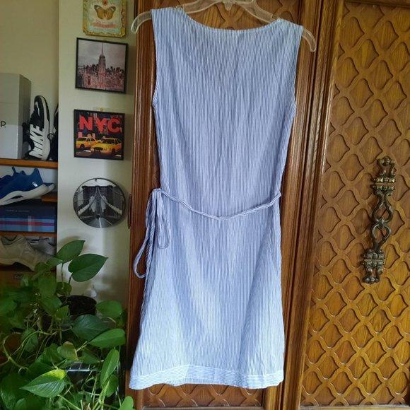 H&M L.O.G.G Blue Cotton Seersucker Striped Tie Wrap Dress - Size 4 - Picture 8 of 16